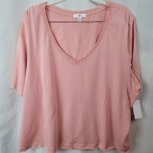 BP Womens Cropped T-Shirt Pink, Short Sleeve with V Neck Lace Trim, Plus 1X